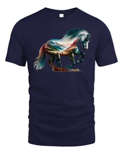 Wild Horse Mountain Landscape Nature Art T-Shirt - navy t-shirt on white background