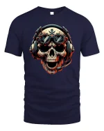 Gamer Skull Headset Pilot Cool Graphic T-Shirt - navy t-shirt on white background