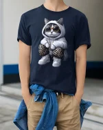 Cool Cat Hoodie Swag Funny Streetwear T-Shirt - model wearing Navy T-shirt, hands in pockets, denim shirt at waist