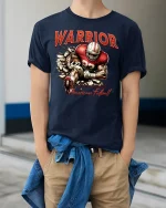 American Football Warrior Power Graphic T-Shirt - model wearing Navy T-shirt, hands in pockets, denim shirt at waist