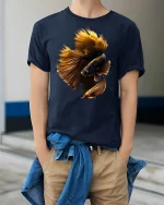 Golden Betta Fish Art Elegant Ocean Style T-Shirt - model wearing Navy T-shirt, hands in pockets, denim shirt at waist