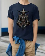 Dark Knight Warrior Armor Gothic Fantasy T-Shirt - model wearing Navy T-shirt, hands in pockets, denim shirt at waist