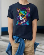 Cool DJ Dog Headphones Streetwear Graphic T-Shirt - model wearing Navy T-shirt, hands in pockets, denim shirt at waist