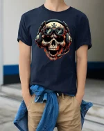 Gamer Skull Headset Pilot Cool Graphic T-Shirt - model wearing Navy T-shirt, hands in pockets, denim shirt at waist