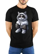 Cool Cat Hoodie Swag Funny Streetwear T-Shirt - model with hands behind back, wearing Black T-shirt and blue jeans