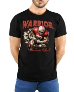 American Football Warrior Power Graphic T-Shirt - model with hands behind back, wearing Black T-shirt and blue jeans