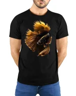 Golden Betta Fish Art Elegant Ocean Style T-Shirt - model with hands behind back, wearing Black T-shirt and blue jeans