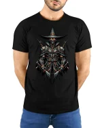 Dark Knight Warrior Armor Gothic Fantasy T-Shirt - model with hands behind back, wearing Black T-shirt and blue jeans