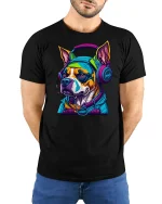 Cool DJ Dog Headphones Streetwear Graphic T-Shirt - model with hands behind back, wearing Black T-shirt and blue jeans