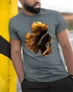 Golden Betta Fish Art Elegant Ocean Style T-Shirt - model leaning on yellow-black pole, wearing Gray T-shirt, hand in pocket