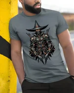 Dark Knight Warrior Armor Gothic Fantasy T-Shirt - model leaning on yellow-black pole, wearing Gray T-shirt, hand in pocket