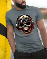 Gamer Skull Headset Pilot Cool Graphic T-Shirt - model leaning on yellow-black pole, wearing Gray T-shirt, hand in pocket