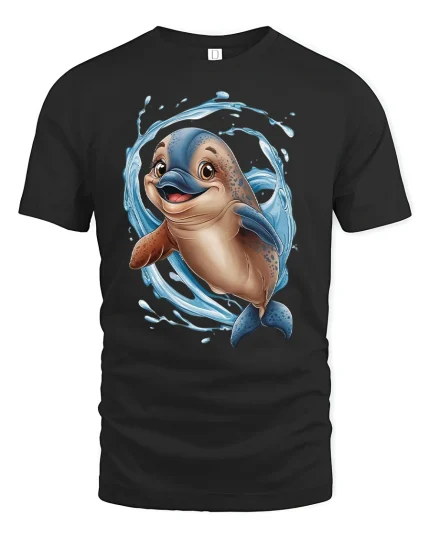 Cute Dolphin Splash Fun Ocean Lover Graphic T-Shirt - black t-shirt on white background