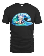 Surfing Kitten on Wave Cute Beach Vibes Graphic T-Shirt - black t-shirt on white background
