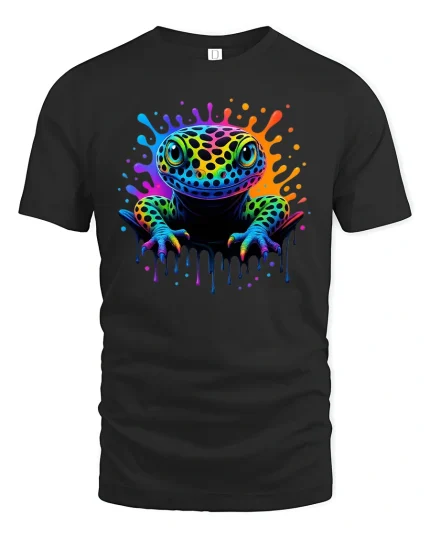 Neon Gecko Splash Art Cool Colorful Reptile T-Shirt - black t-shirt on white background