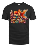 Vibrant Goldfish Coral Reef Ocean Art Graphic T-Shirt - black t-shirt on white background