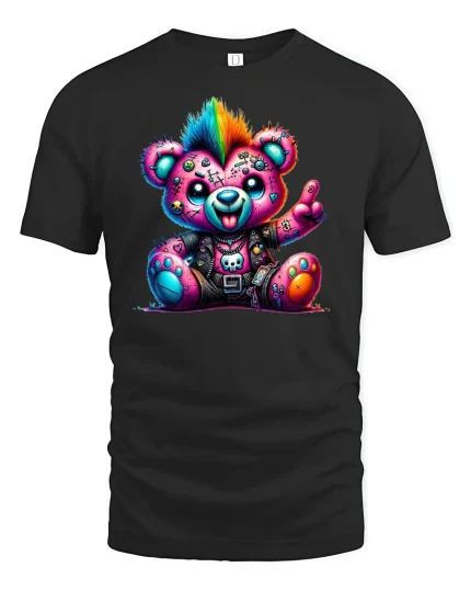 Punk Rock Rainbow Teddy Bear Cool Graphic T-Shirt - black t-shirt on white background