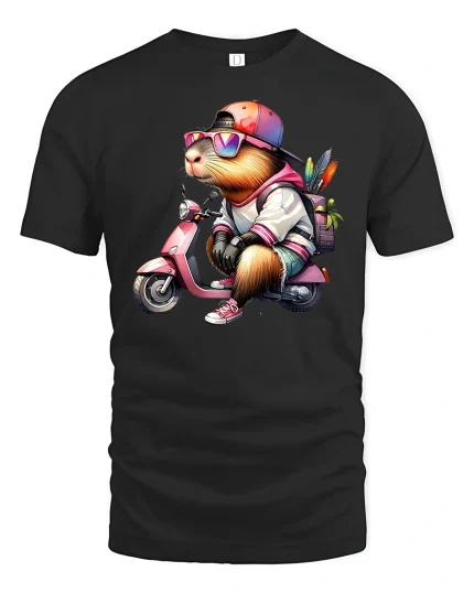 Cool Capybara Riding Scooter Funny Animal T-Shirt - black t-shirt on white background