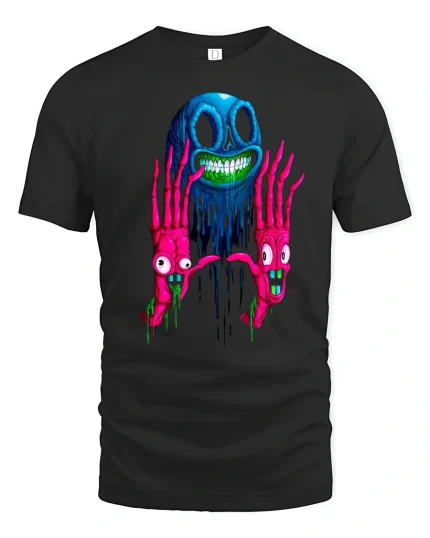 Trippy Skeleton Hands Horror Art Neon Graphic T-Shirt - black t-shirt on white background