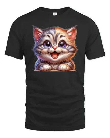 Cute Happy Kitten Big Eyes Cartoon Cat Lover T-Shirt - black t-shirt on white background