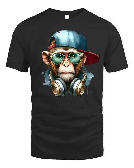 Cool DJ Monkey Hip Hop Street Style Graphic T-Shirt - black t-shirt on white background