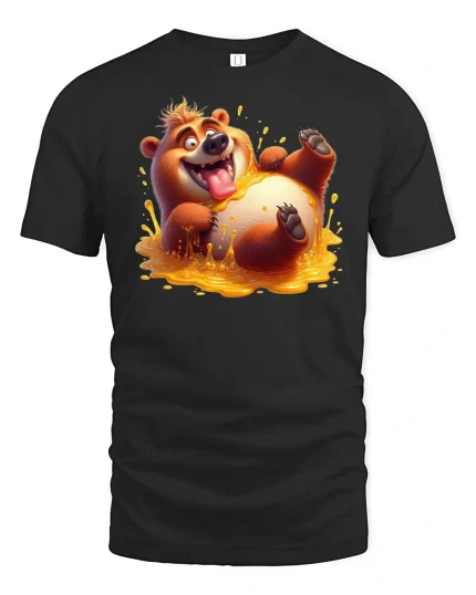 Funny Honey Bear Splash Cartoon Graphic T-Shirt - black t-shirt on white background