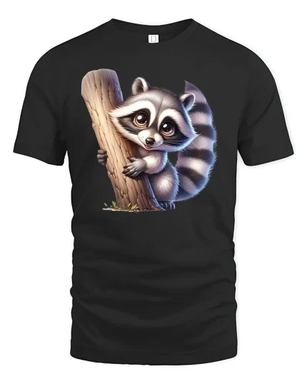 Cute Raccoon Hugging Tree Funny Animal Graphic T-Shirt - black t-shirt on white background