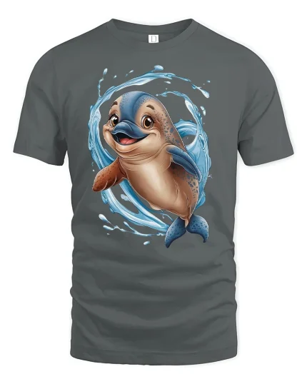Cute Dolphin Splash Fun Ocean Lover Graphic T-Shirt - gray t-shirt on white background