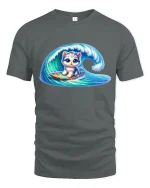Surfing Kitten on Wave Cute Beach Vibes Graphic T-Shirt - gray t-shirt on white background