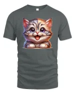 Cute Happy Kitten Big Eyes Cartoon Cat Lover T-Shirt - gray t-shirt on white background