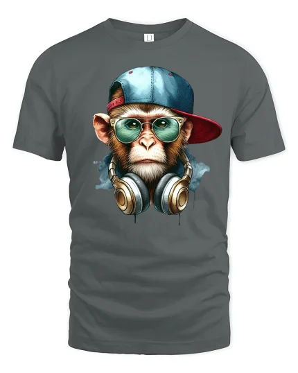 Cool DJ Monkey Hip Hop Street Style Graphic T-Shirt - gray t-shirt on white background