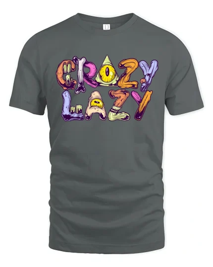 Crazy Lazy Funny Cartoon Lettering Graphic T-Shirt - gray t-shirt on white background