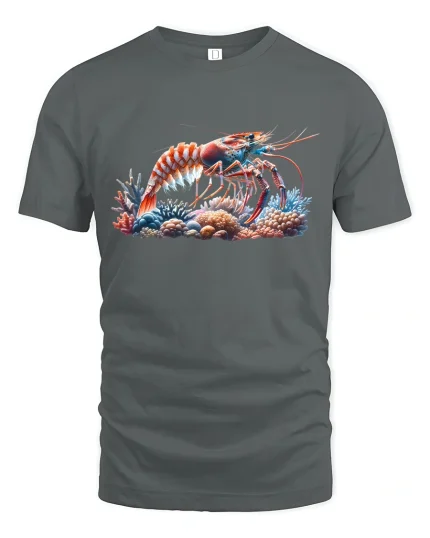 Colorful Lobster Ocean Reef Marine Life Graphic T-Shirt - gray t-shirt on white background