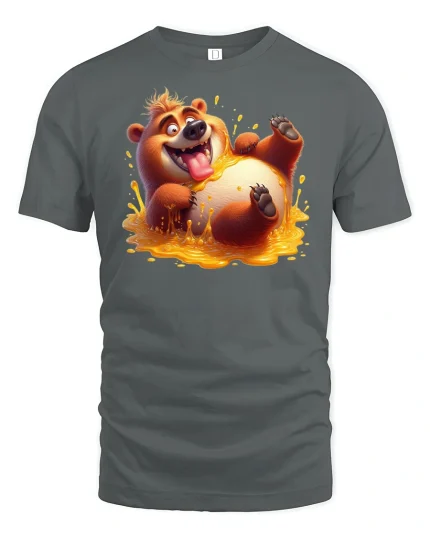 Funny Honey Bear Splash Cartoon Graphic T-Shirt - gray t-shirt on white background