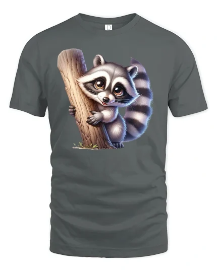 Cute Raccoon Hugging Tree Funny Animal Graphic T-Shirt - gray t-shirt on white background