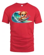 Surfing Puppy Wave Rider Cute Summer Graphic T-Shirt - red t-shirt on white background
