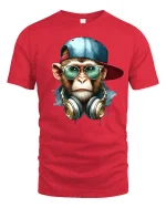 Cool DJ Monkey Hip Hop Street Style Graphic T-Shirt - red t-shirt on white background