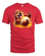 Funny Honey Bear Splash Cartoon Graphic T-Shirt - red t-shirt on white background