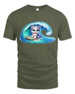Surfing Kitten on Wave Cute Beach Vibes Graphic T-Shirt - military green t-shirt on white background