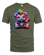 Punk Rock Rainbow Teddy Bear Cool Graphic T-Shirt - military green t-shirt on white background