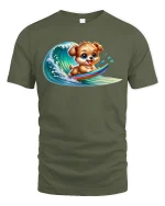 Surfing Puppy Wave Rider Cute Summer Graphic T-Shirt - military green t-shirt on white background