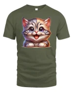 Cute Happy Kitten Big Eyes Cartoon Cat Lover T-Shirt - military green t-shirt on white background