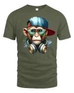 Cool DJ Monkey Hip Hop Street Style Graphic T-Shirt - military green t-shirt on white background
