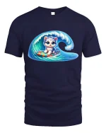 Surfing Kitten on Wave Cute Beach Vibes Graphic T-Shirt - navy t-shirt on white background