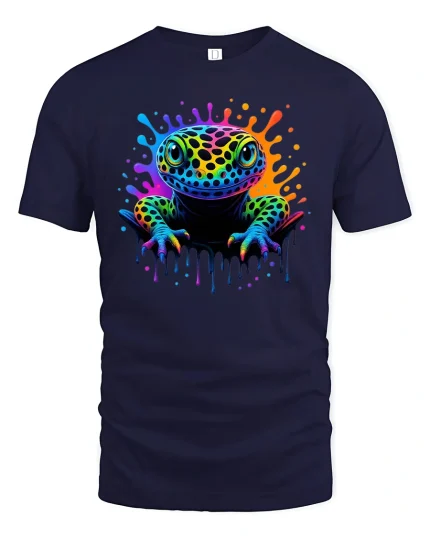 Neon Gecko Splash Art Cool Colorful Reptile T-Shirt - navy t-shirt on white background
