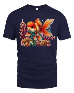 Vibrant Goldfish Coral Reef Ocean Art Graphic T-Shirt - navy t-shirt on white background