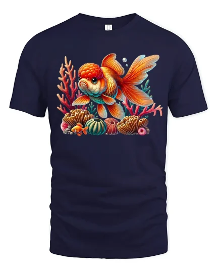 Vibrant Goldfish Coral Reef Ocean Art Graphic T-Shirt - navy t-shirt on white background