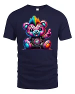 Punk Rock Rainbow Teddy Bear Cool Graphic T-Shirt - navy t-shirt on white background