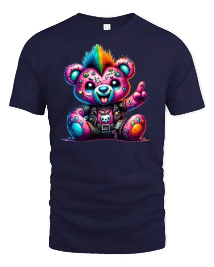 Punk Rock Rainbow Teddy Bear Cool Graphic T-Shirt - navy t-shirt on white background