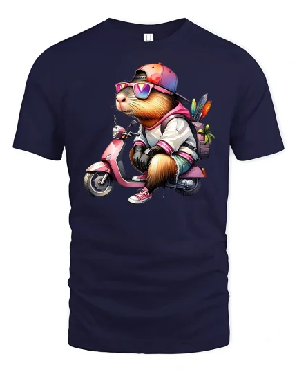 Cool Capybara Riding Scooter Funny Animal T-Shirt - navy t-shirt on white background